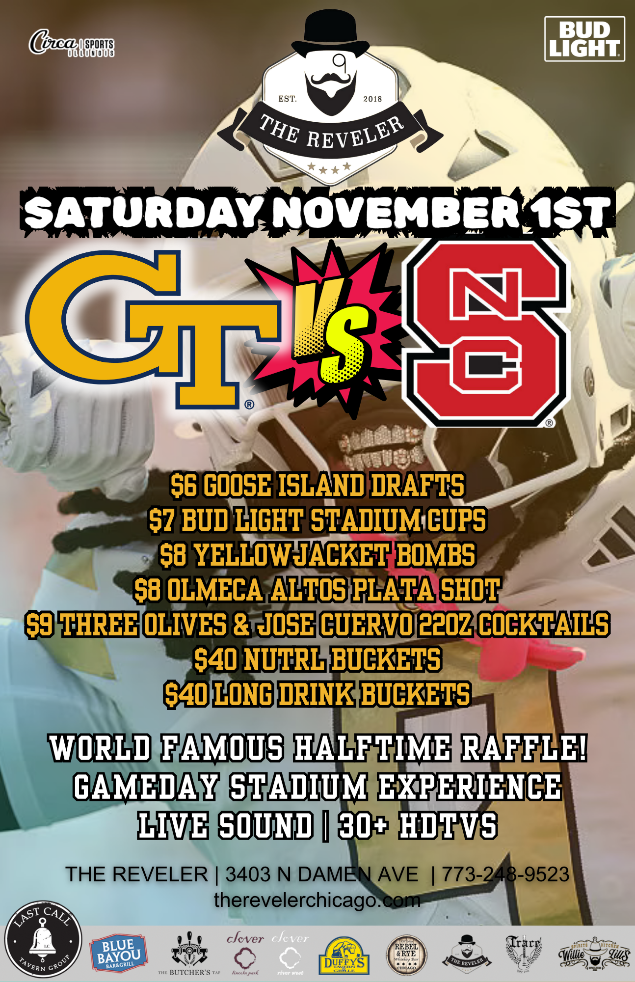 11.01.25.Reveler.GeorgiaTech.v.NCState Half Off Pizza Monday at the Reveler