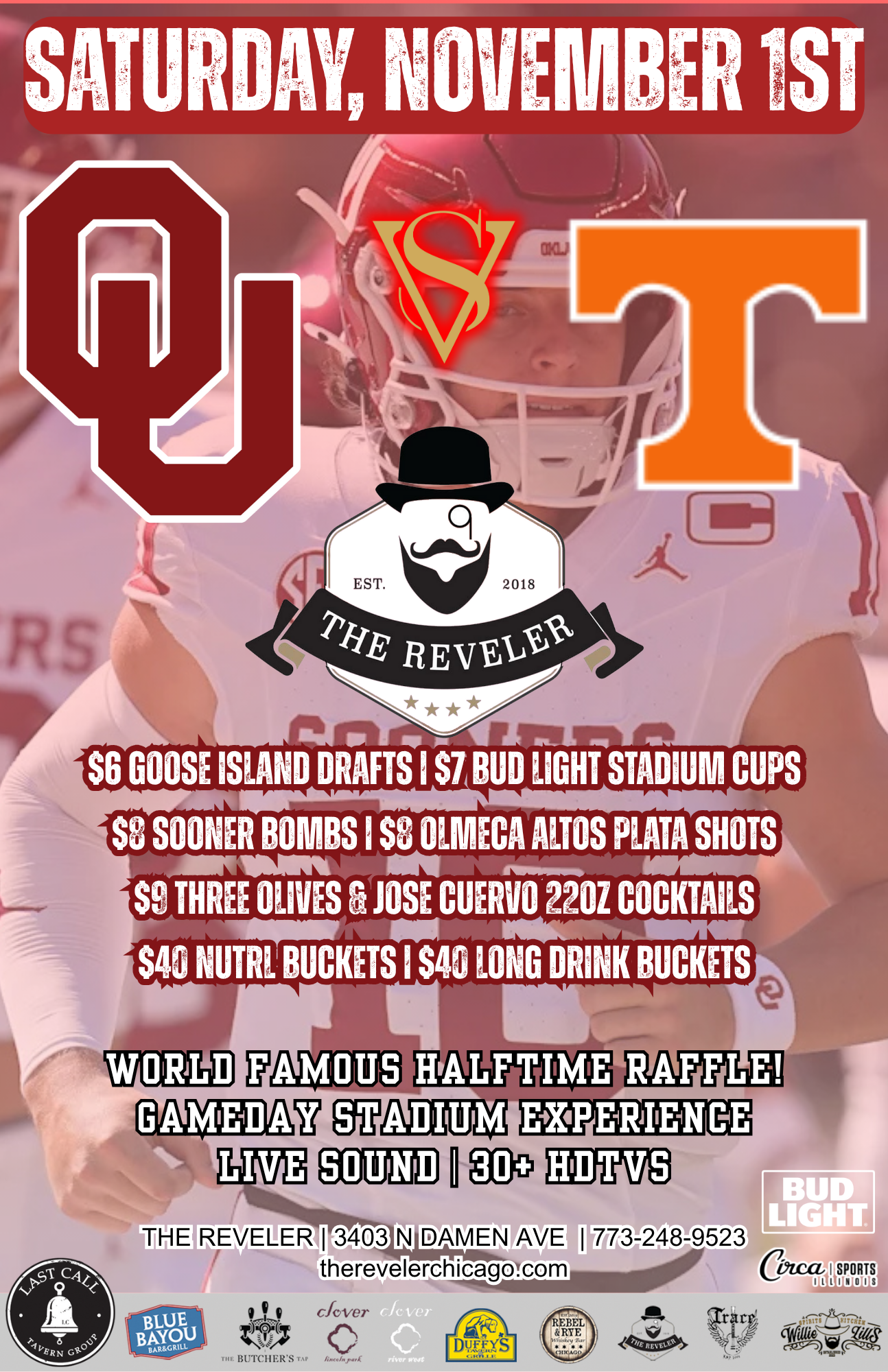 11.01.25.Reveler.Oklahoma.v.Tennessee Half Off Pizza Monday at the Reveler
