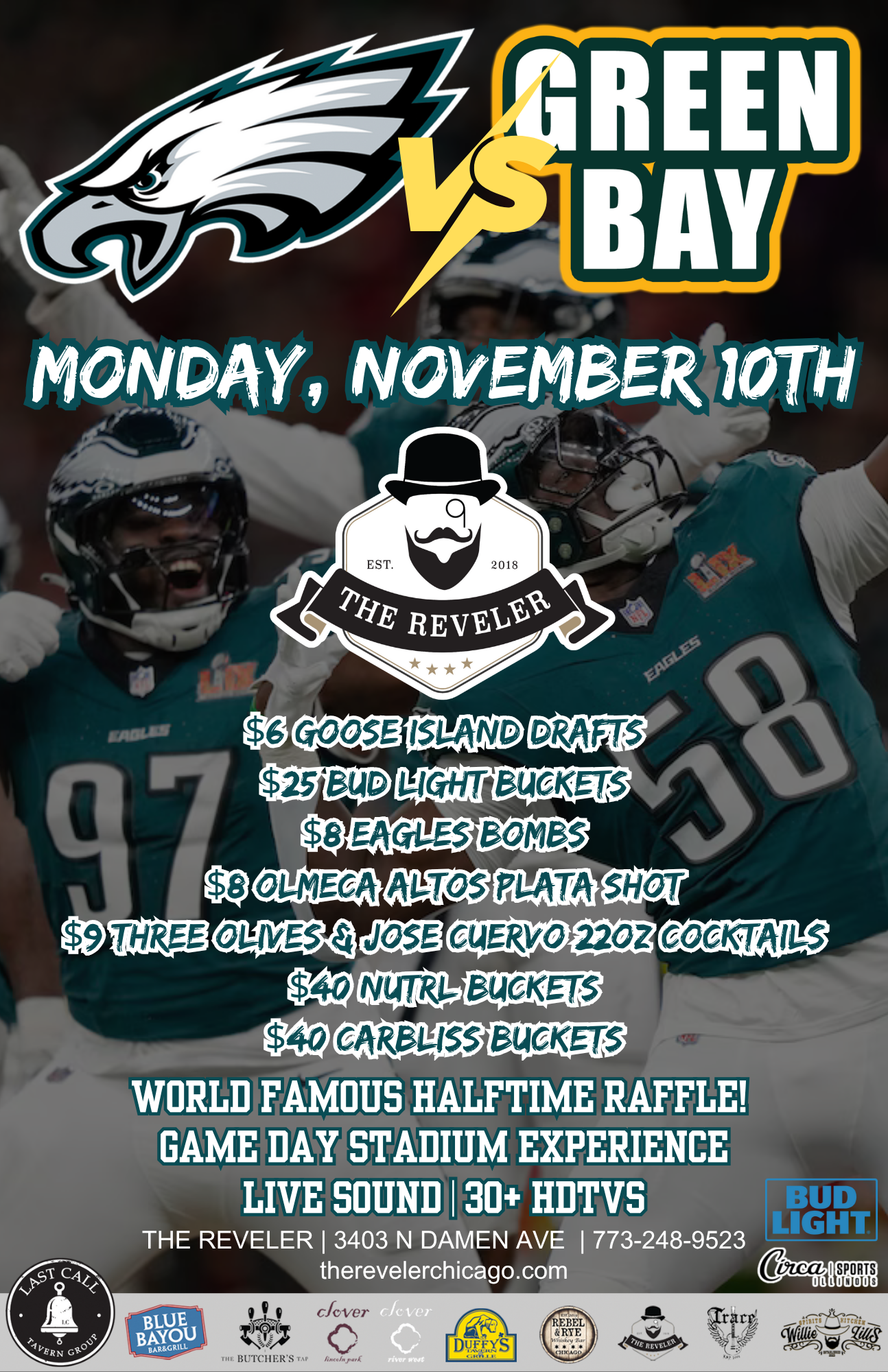11.10.25.Reveler.Eagles.v.Packers Half Off Pizza Monday at the Reveler